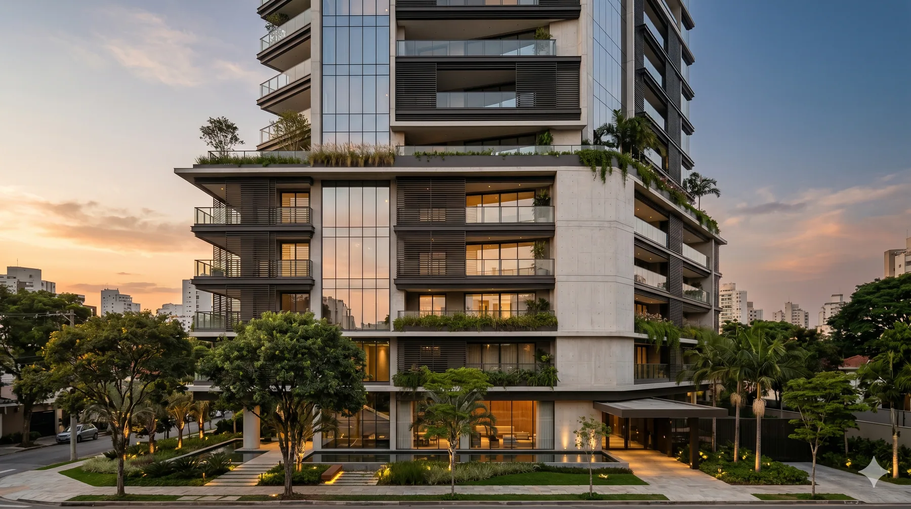 Fachada conceitual de empreendimento residencial contemporâneo